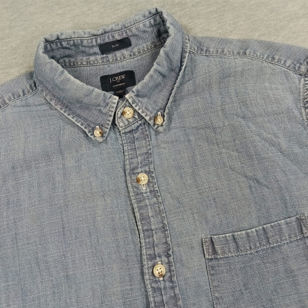 J.Crew Mens Slim Fit Chambray Short Sleeve Button Down Shirt Light Blue Size M